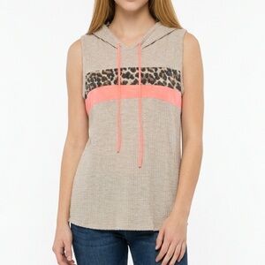 Peach Love California Leopard Accent Hooded Sleeveless Top Large NWT